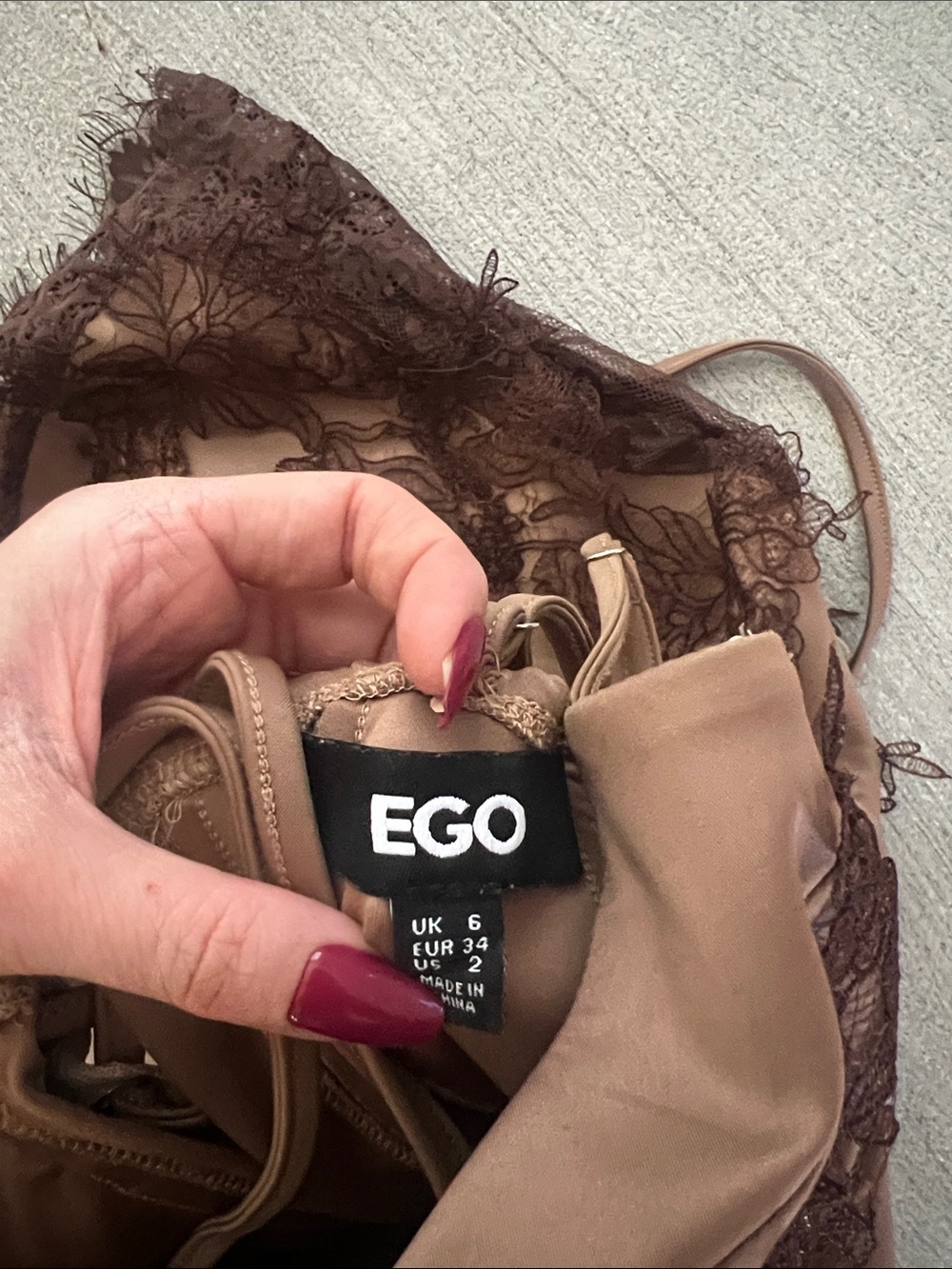 EGO Nude Slip Dress with Brown Floral Lace - Picture 3 of 4